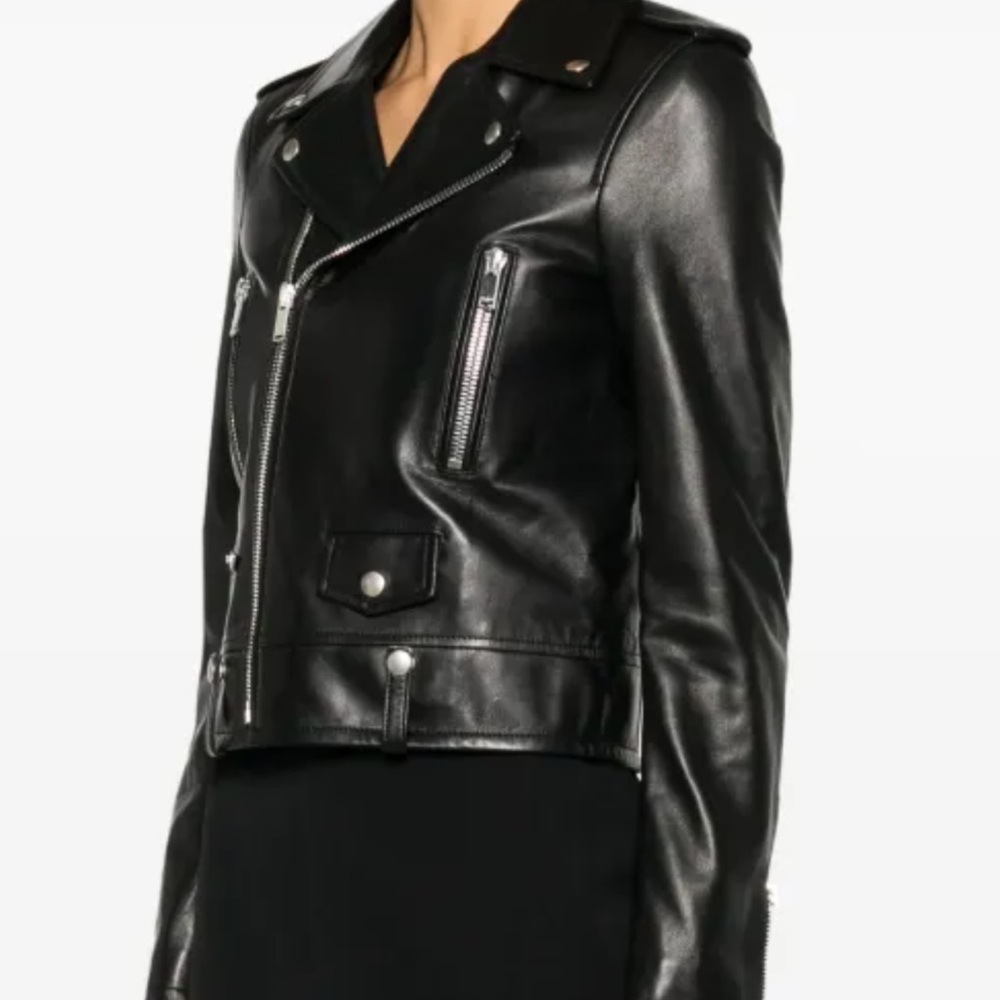 Saint Laurent Black Leather Cropped Moto Jacket - Picture 4 of 10